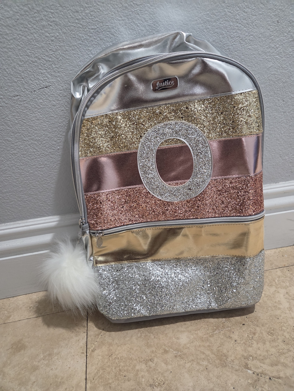 Justice Metallic Glitter Stripe Backpack - Silver, Gold, Rose Gold